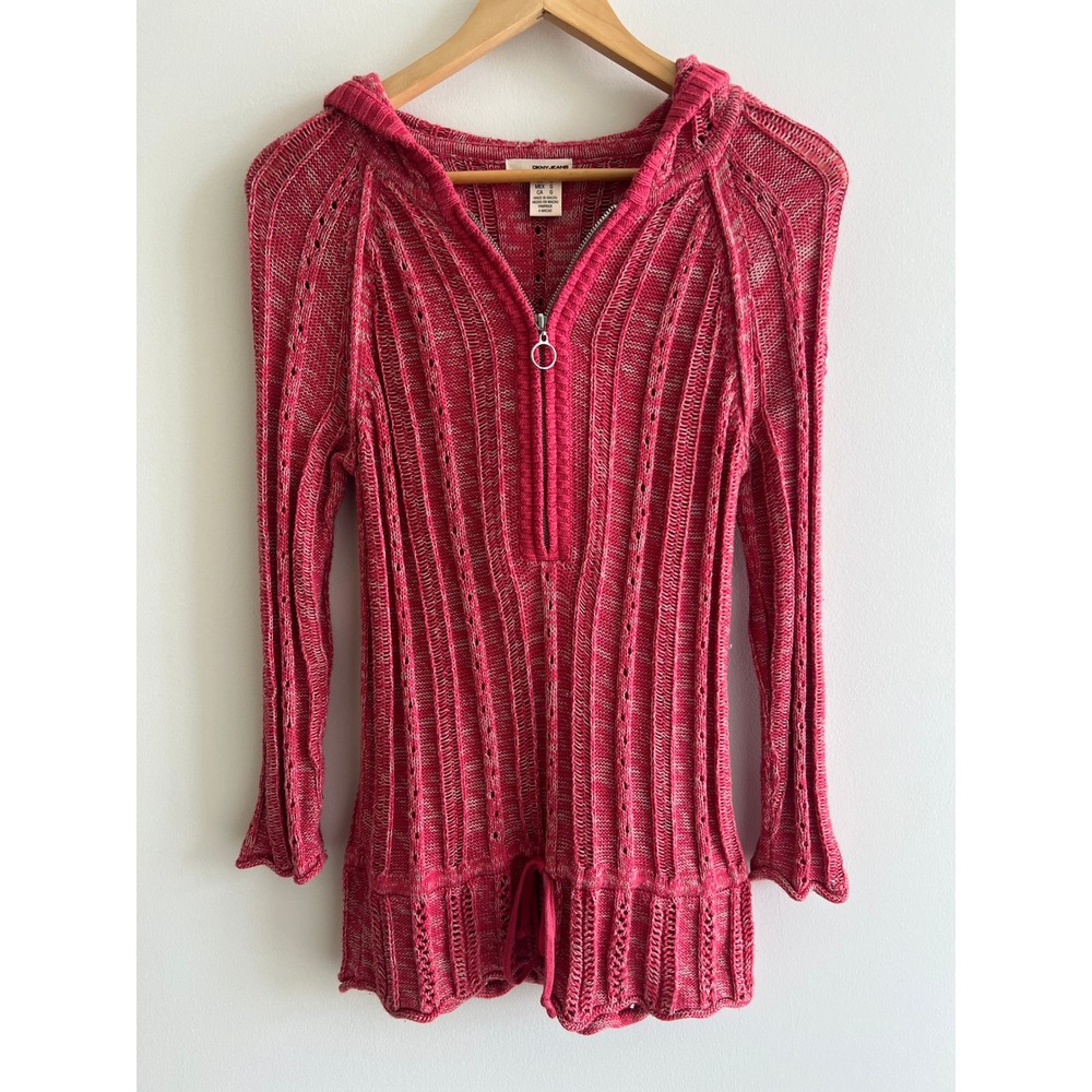 DKNY Jeans Sz L Pink Marled Knit Hoodie Romper Y2K Crochet Rib Zip Up Vintage
